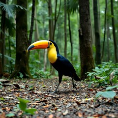 Toucan with large yellow and orange beak walks on forest floor amidst green trees and foliage