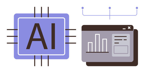 AI processor with connection lines next to a web interface displaying analytics. Ideal for AI technology, data science, automation, innovation, machine learning, digital tools, progress. Simple flat