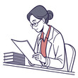 © Miasahin - A focused woman wearing glasses and a lab coat reads documents at a desk with books