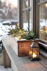 Wall Mural - christmas decoration with fairy lights and candle lantern illuminating snowy window sill