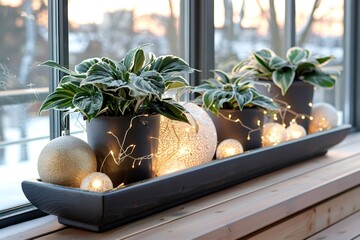 Wall Mural - christmas decoration with plants, ornaments and string lights illuminating window sill