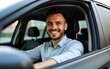 © car - Portrait of a happy business casual man sitting in his classy car and smiling at camera. High quality