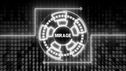 White Neon Circular Interface with Binary Code Background and MIRAGE Text technology futuristic