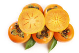 Fresh Shaanxi Persimmons with Cross-Sections on White Background