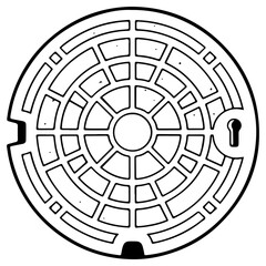 A detailed line drawing of a round, patterned manhole cover. An urban element with a geometric design, commonly found on city streets.