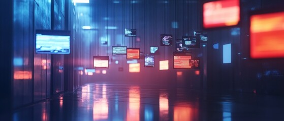 Futuristic corridor with hanging screens displaying code digital technology concept