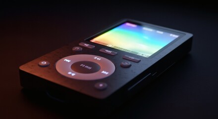 Sleek portable media player featuring a vibrant rainbow screen and illuminated controls, representing modern audio technology and personal entertainment