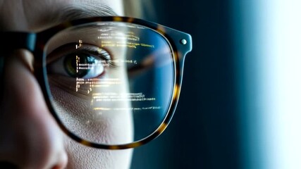 Close-up of a person's eye reflecting code on glasses, with a blurred background of technology