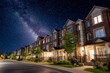 © Shooting Star Std - A row of townhouses under a starry night sky Families enjoy the calm evening outside The mood feels peaceful and connected, Generative AI