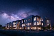 © Shooting Star Std - A row of townhouses under a starry night sky Families enjoy the calm evening outside The mood feels peaceful and connected, Generative AI