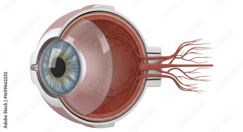 Anatomy illustration shows a detailed cross-section of the human eye ...