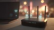 © Alohanongza - A wireless router and a laptop sit on a desk, connected with visible Wi-Fi signal icons, in a softly lit indoor environment