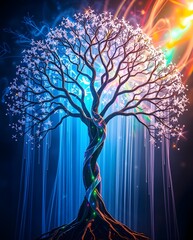 Wall Mural - A tree with glowing branches stands against a vibrant and colorful sky, creating a sense of magic. The colors swirl and blend in a captivating manner.