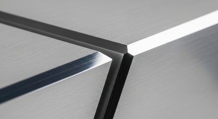 Abstract close-up of intersecting metal surfaces with lines and edges