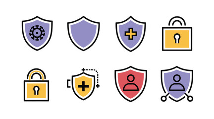 A colorful collection of modern flat line icons representing concepts of digital security, user data protection, and health safety