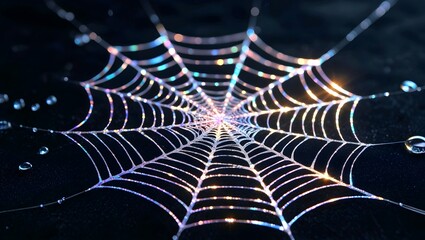 Sparkling spiderweb with dew drops catches morning light, intricate natural design