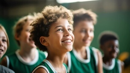 Joyful children in basketball jerseys, captured in a close-up, eye-level angle. The video conveys excitement and teamwork in a sports setting.