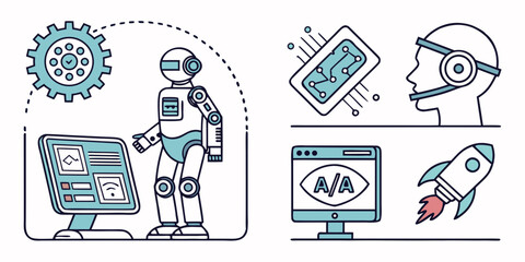 Robot interacting with computer, chip, and rocket, technology concept