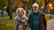 © Arra Vais - Old Couple Walking in Park During Autumn Evening with Warm Light for Lifestyle Blogs, Relationship Articles, and Heartwarming Content