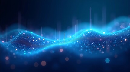 Abstract blue digital wave with particles and glowing light background