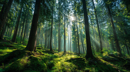  dense forest with tall green trees and sunlight streaming through the canopy, isolated on a clean white background 