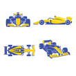 © Vira - Vector illustration set of a yellow and blue Formula 1 racing car from multiple views.