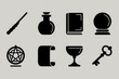 © Designer Raiful - Collection of magical fantasy icons including wand potion book crystal ball pentagram scroll goblet and key