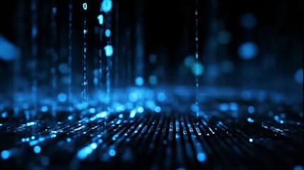 Digital binary code streams downwards onto a glowing surface animation