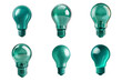 © Hedgehog & Piglet сo - Green transparent lightbulb set PNG, glass plastic 3D bulbs, isolated transparent background, glossy minimal design, eco energy icons, mockup collection, modern branding
