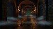 © tracerjogja - Mysterious Stone Corridor with Glowing Green End and Fog