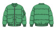 © siswo - Vibrant green puffer jacket illustration showcasing front and back details, suitable for fashion design visuals or technical drawing purposes,