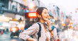 Asian woman traveler backpack solo travel in city chinatown street food market taste of Bangkok, Thailand