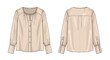 © siswo - Technical fashion drawing of a women's blouse displaying front and back views in a light beige color palette, with long sleeves and button details