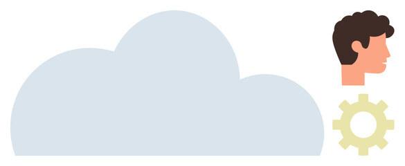 Large cloud, side profile of human head, and gear implying data storage, user control, and customization. Ideal for technology, IT, user interface, cloud computing innovation connection data