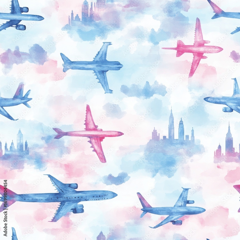 Watercolor Airplanes Seamless Pattern Stock Illustration | Adobe Stock