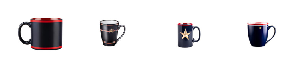 Set of four dark blue ceramic mugs with red and gold star accents on transparent background, cut out