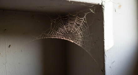 An intricate and dusty spiderweb spun by an orb-weaver in the dark corner of a building.