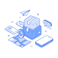 Wall Mural - Postal parcel cargo box delivery courier service GPS tracking isometric vector illustration. Express freight transportation logistic distribution online shopping payment smartphone app technology