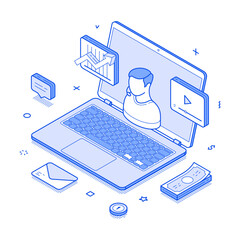Wall Mural - Financial consultation business analyzing video distance assistance isometric vector illustration. Finance banking investment expert help assist profit strategy development internet analysis