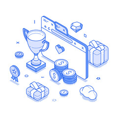 Wall Mural - Internet reward loyalty program prize bonus benefit isometric vector illustration. Online competition win victory best service product offer trophy rank achievement cyberspace evaluation championship