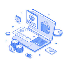 Wall Mural - Online banking personal user account laptop desk interface isometric vector illustration. Internet bank financial web service cashless shopping payment e money transaction savings wallet protection