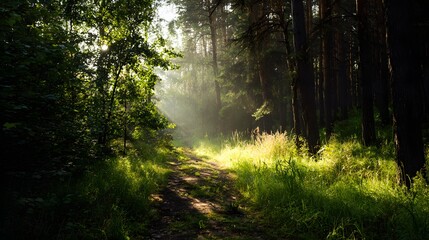  A serene forest path illuminated by sunlight filtering through trees, surrounded by lush green grass and foliage