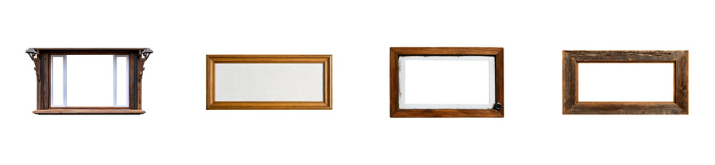 Four distinct wooden frames and a window isolated on transparent background, cut out