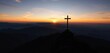 © Anawin - Breathtaking sunset panorama, black silhouette of mountains, forest, cross atop summit Religious grief landscape,  faith,  christianity