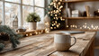 © syhin_stas - Steaming mug sits on a wooden desk, adorned with a sprig of frosted pine and white flowers, evoking a cozy Christmas atmosphere with twinkling lights illuminating the background workspace