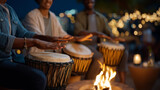 A group of friends plays a drum circle in a park with drums thumping hands beating a campfire glowing and stars twinkling depicted in a rhythmic photo with drum skins flame