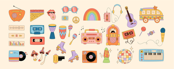 Wall Mural - Groovy retro music party sticker set in cartoon graphic style. Cassette, record, disco and festival elements combine with y2k and groovy element for creative sticker collection.
