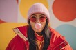 © pima - Stylish woman in pink hat and sunglasses blowing bubble gum against pastel wall, street fashion photography with bright outdoor summer vibes