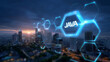 © AucArtStudio - Glowing hexagon java software developer training skyline at sunset city technology network innovation
