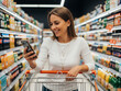 © Alingga - A relaxed woman shops while checking her phone inside supermarket.